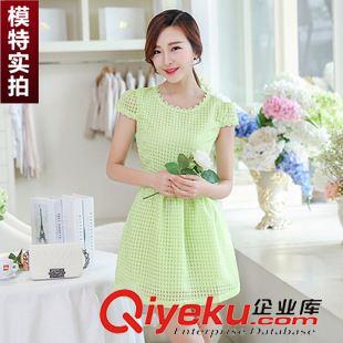早秋8月新品 實(shí)拍夏季2015新款歐根紗蕾絲花邊韓版修身圓領(lǐng)短袖連衣裙網(wǎng)店代理原始圖片3