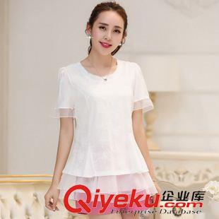 早秋8月新品 實拍短袖雪紡衫女2015夏季新款韓版修身純色圓領中長款喇叭袖優(yōu)質(zhì)原始圖片3