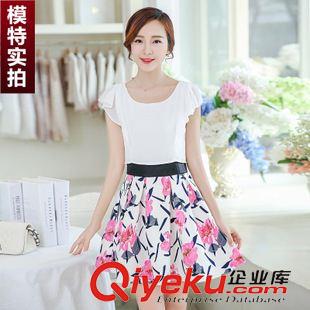 早秋8月新品 實拍2015夏新款韓版假兩件收腰印花圓領(lǐng)荷葉邊短袖雪紡連衣裙女潮原始圖片2
