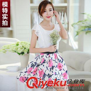 早秋8月新品 實拍2015夏新款韓版假兩件收腰印花圓領(lǐng)荷葉邊短袖雪紡連衣裙女潮原始圖片3