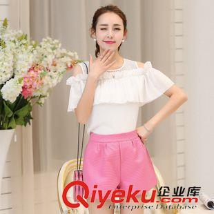 早秋8月新品 實(shí)拍露肩短袖雪紡衫女2015夏裝蕾絲打底衫T恤韓版荷葉邊上衣潮款原始圖片2