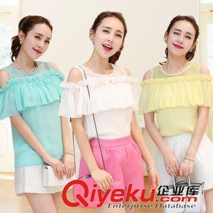 早秋8月新品 實(shí)拍露肩短袖雪紡衫女2015夏裝蕾絲打底衫T恤韓版荷葉邊上衣潮款原始圖片3