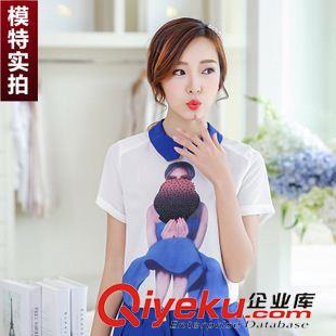 早秋8月新品 實(shí)拍2015夏裝韓版新款歐根紗條紋上衣圓領(lǐng)短袖雪紡衫女小衫好質(zhì)量