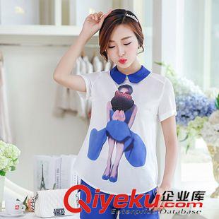 早秋8月新品 實(shí)拍印花雪紡衫女2015夏季新款短袖娃娃領(lǐng)上衣打底衫免費(fèi)代銷貨源原始圖片3