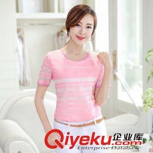 早秋8月新品 實(shí)拍2015夏裝韓版新款歐根紗條紋上衣圓領(lǐng)短袖雪紡衫女小衫好質(zhì)量原始圖片2