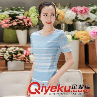 早秋8月新品 實(shí)拍2015夏裝韓版新款歐根紗條紋上衣圓領(lǐng)短袖雪紡衫女小衫好質(zhì)量原始圖片3