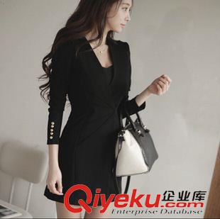 早秋8月新品 實(shí)拍2015秋韓版修身職業(yè)女裝假兩件中長(zhǎng)款性感顯瘦收腰長(zhǎng)袖連衣裙原始圖片2