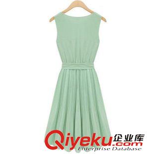 連衣裙 歐美風(fēng)2015夏季歐洲站新款無(wú)袖百褶背心連衣裙雪紡圓領(lǐng)連衣裙裙子原始圖片3