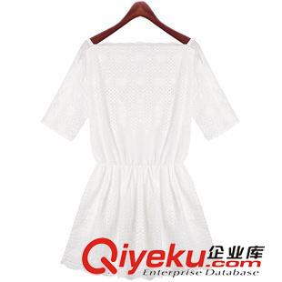 連衣裙 歐洲站2015夏裝新款歐美風(fēng)鏤空鉤花連衣裙修身七分袖一字領(lǐng)連衣裙原始圖片2