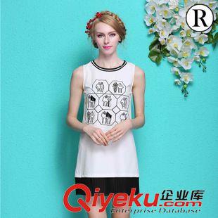 連衣裙 實(shí)拍歐洲站2015夏季新款歐美玫瑰花朵錦棉印花收腰顯瘦大擺連衣裙