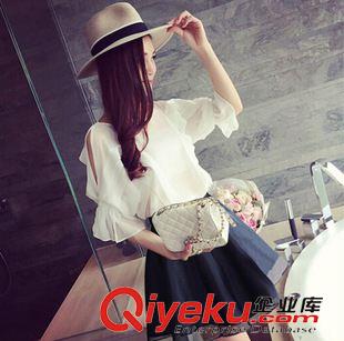 夏季新品7月30 套裝2015夏季新款好質(zhì)量女女裝時尚露肩上衣＋百搭拼接歐根紗短裙原始圖片2