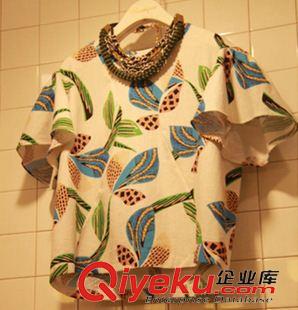 夏季新品7月30 東大門代購夏季韓國時尚甜美短袖t恤好質(zhì)量雪紡印花喇叭袖上衣女原始圖片2