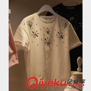 夏季新品7月30 T恤韓國代購2015夏季新款女時(shí)尚百搭好質(zhì)量短袖立體釘珠休閑上衣原始圖片2