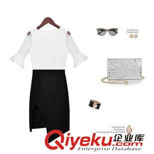 連衣裙 歐洲站2015夏季女裝新款 透視拼喇叭袖撞色拼接時尚修身連衣裙女原始圖片3