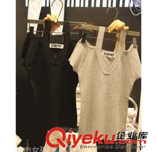 夏季新品7月30 短袖純色t恤女韓國代購2015夏裝新款v領(lǐng)露肩個性修身顯瘦百搭上衣原始圖片3