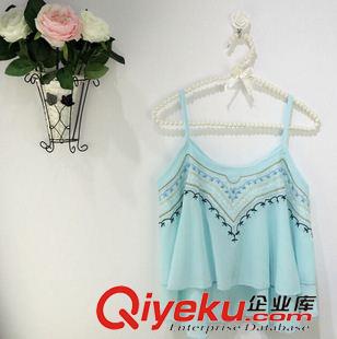 夏季新品7月30 甜美民族風(fēng)刺繡花紋吊帶雪紡背心衫小上衣女韓國東大門2015夏新款原始圖片2