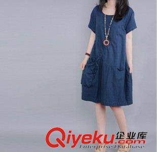 連衣裙 2015 夏季新款韓版口袋寬松圓領(lǐng)短袖棉麻連衣裙文藝女實(shí)拍現(xiàn)貨原始圖片2