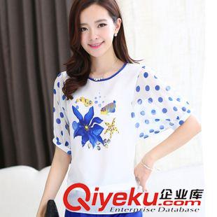 夏季新品7月30 2015韓版夏裝數(shù)碼印花女式雪紡衫撞色波點(diǎn)蝙蝠袖寬松甜美清新上衣原始圖片3