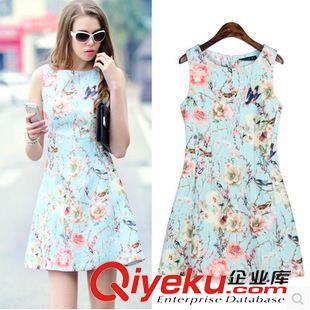 夏季新品7月30 歐洲站2015夏季新款明星同款無(wú)袖時(shí)尚修身印花氣質(zhì)優(yōu)雅棉質(zhì)連衣裙原始圖片2