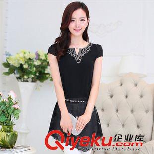 夏季新品7月25 2015夏季女裝新款修身刺繡V領(lǐng)中長(zhǎng)款寬松女士短袖大碼胖mm雪紡衫