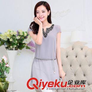 夏季新品7月25 2015夏季女裝新款修身刺繡V領(lǐng)中長(zhǎng)款寬松女士短袖大碼胖mm雪紡衫