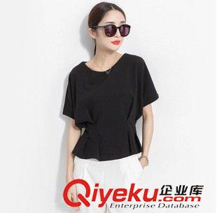 夏季新品7月25 2015夏裝新款歐美范 圓領(lǐng)收腰寬松大碼顯瘦純色短袖雪紡衫女批發(fā)原始圖片3