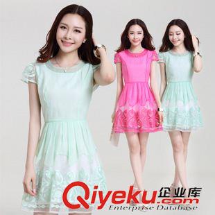 夏季新品7月25 2015夏季新款女裝韓版氣質(zhì)修身時(shí)尚短袖歐根紗雪紡連衣裙一件代發(fā)