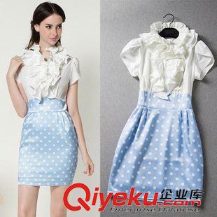 夏季新品7月25 2015夏裝新款荷葉邊襯衫連衣裙修身假兩件拼接波點時尚包臀打底裙原始圖片2