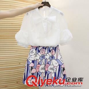 夏季新品7月25 2015夏新款兩件套連衣裙 燈籠袖蝴蝶結雪紡衫套裝a字半身裙女潮原始圖片2