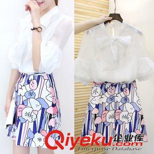 夏季新品7月25 2015夏新款兩件套連衣裙 燈籠袖蝴蝶結雪紡衫套裝a字半身裙女潮原始圖片3