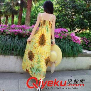 連衣裙 實(shí)拍2015夏季新款真絲向日葵印花V領(lǐng)桑蠶絲度假沙灘吊帶連衣長裙