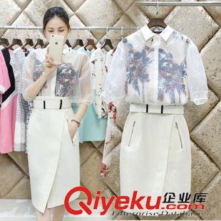 夏季新品7月25 歐洲站2015春夏裝新款歐美印花雪紡衫棉麻半身裙歐根紗時尚套裝女原始圖片2