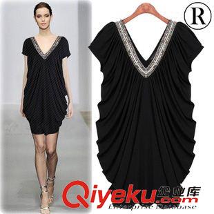 連衣裙 歐洲站2015夏裝新款大碼女裝短袖V領亮片打底裙歐美時尚連衣裙女