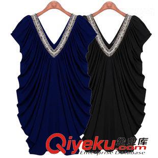 連衣裙 歐洲站2015夏裝新款大碼女裝短袖V領亮片打底裙歐美時尚連衣裙女