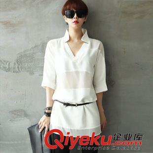 夏季新品7月25 2015春夏新款歐美大牌雪紡衫女 白襯衫中長款五分袖寬松襯衣上衣原始圖片2