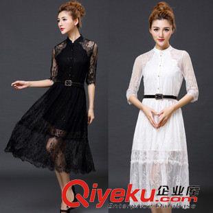夏季新品7月25 2015歐美dp夏季新款氣質修身顯瘦鏤空中袖蕾絲連衣裙中長款裙子