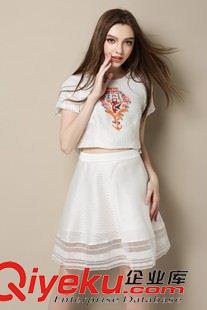 夏季新品7月25 歐美高端新款拼接歐根紗刺繡短袖上衣包臀A字裙連衣裙兩件套裝女原始圖片2