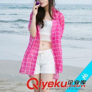 外套 2015夏季新款防曬衣 中長款格子雪紡開衫薄 女裝防曬衫