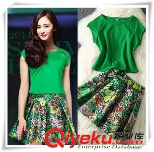 夏季新品7月25 2015夏季新款兩件套女裝楊冪同款圓領(lǐng)短袖上衣+印花半身裙子套裝原始圖片2