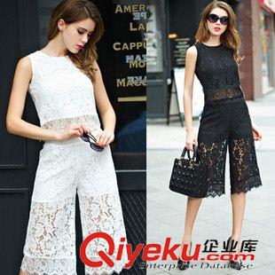 夏季新品7月25 歐美dp2015夏季新款名媛套裝女重工蕾絲無(wú)袖上衣+闊腿褲兩件套