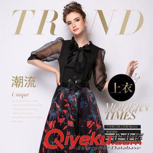 T恤 實(shí)拍歐洲站2015夏新時(shí)尚大牌 蝴蝶結(jié)雪紡衫襯衣百搭歐根紗T恤女潮原始圖片3