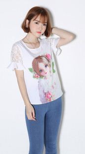 T恤 一件代發(fā)2015新品款 夏季 韓版美女印花雪紡衫打底寬松雪紡T恤原始圖片3
