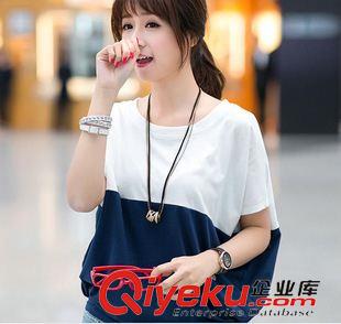 T恤 2015夏裝新款韓版女裝時(shí)尚百搭蝙蝠袖寬松女式短袖拼接t恤原始圖片2