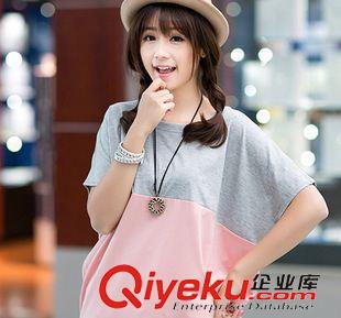 T恤 2015夏裝新款韓版女裝時(shí)尚百搭蝙蝠袖寬松女式短袖拼接t恤原始圖片3