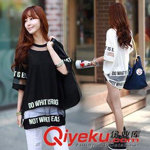 T恤 2015夏款字母印花韓版寬松女裝 短袖T恤拼接紗網(wǎng)上衣女原始圖片2