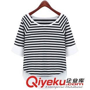 T恤 歐洲站2015夏裝新款寬松圓領(lǐng)T恤歐美條紋雪紡拼接五分袖T恤批發(fā)女原始圖片3