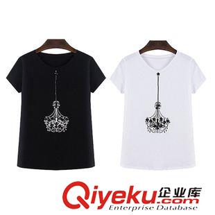 T恤 實(shí)拍 歐洲站2015新款底衫圓領(lǐng)上衣燈具圖案印花串珠修身短袖T恤原始圖片3