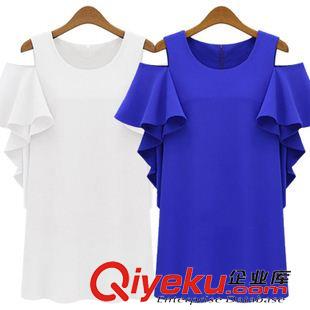 T恤 歐洲站2015夏季新款露肩開(kāi)袖純色圓領(lǐng)長(zhǎng)款寬松歐美雪紡衫T恤衫女原始圖片3