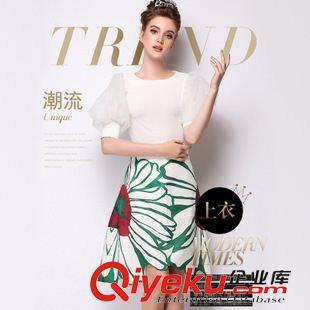T恤 歐洲站2015夏季新款歐美實(shí)拍時(shí)尚大牌雪紡衫純色五分泡泡袖T恤女