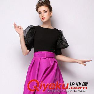 T恤 歐洲站2015夏季新款歐美實(shí)拍時(shí)尚大牌雪紡衫純色五分泡泡袖T恤女原始圖片3